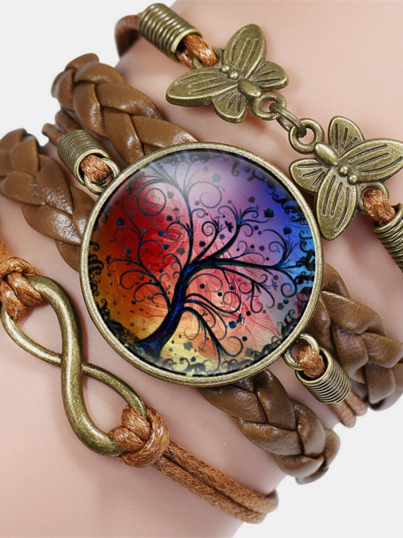 Vintage Tree Of Life-temamønster Sommerfugl Geometrisk Form Håndflettet Glass Pu-legering Flerlags Armbånd