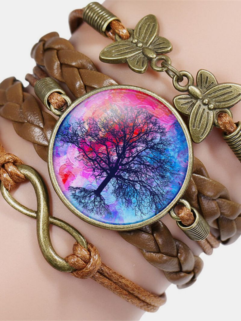 Vintage Tree Of Life-temamønster Sommerfugl Geometrisk Form Håndflettet Glass Pu-legering Flerlags Armbånd