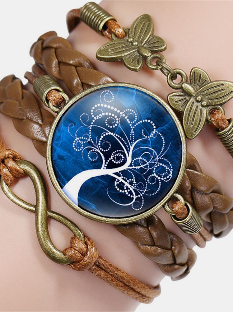 Vintage Tree Of Life-temamønster Sommerfugl Geometrisk Form Håndflettet Glass Pu-legering Flerlags Armbånd