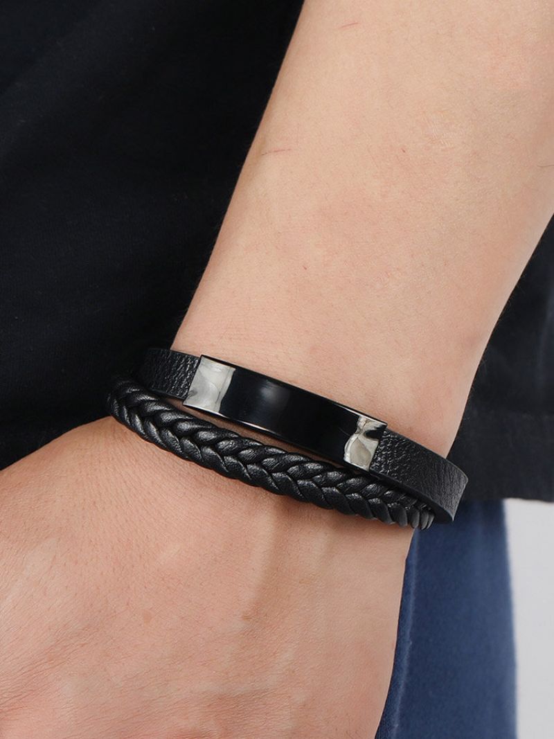 Vintage Trendy Håndvevd Geometrisk Form Pu Rustfritt Stål Dobbeltlags Armbånd