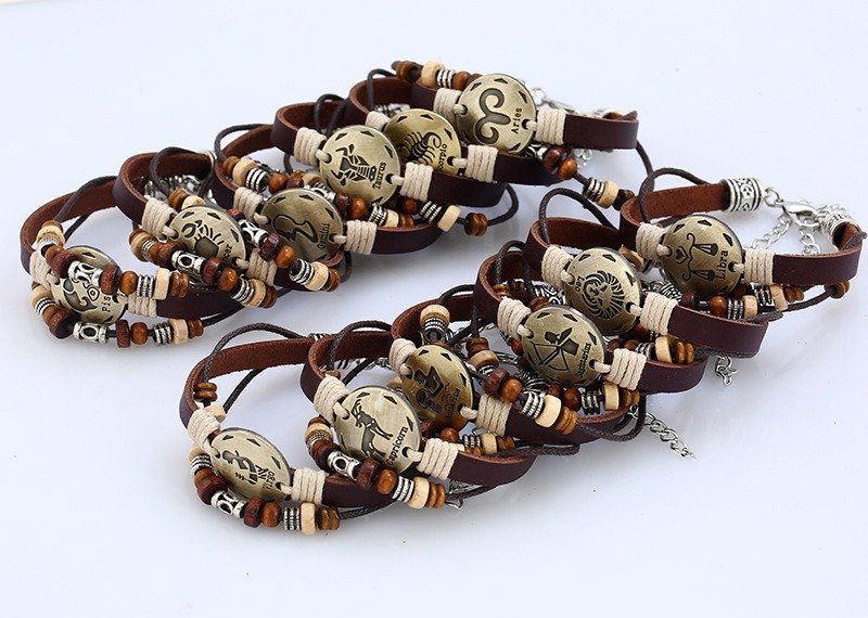 Vintage Twelve Constellations Armbånd Ekte Skinn Par Beaded Flerlags