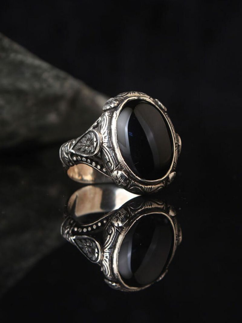 1 Stk Menns Mote Punk Vintage Håndverk Svart Edelsten Legering Gravert Ring