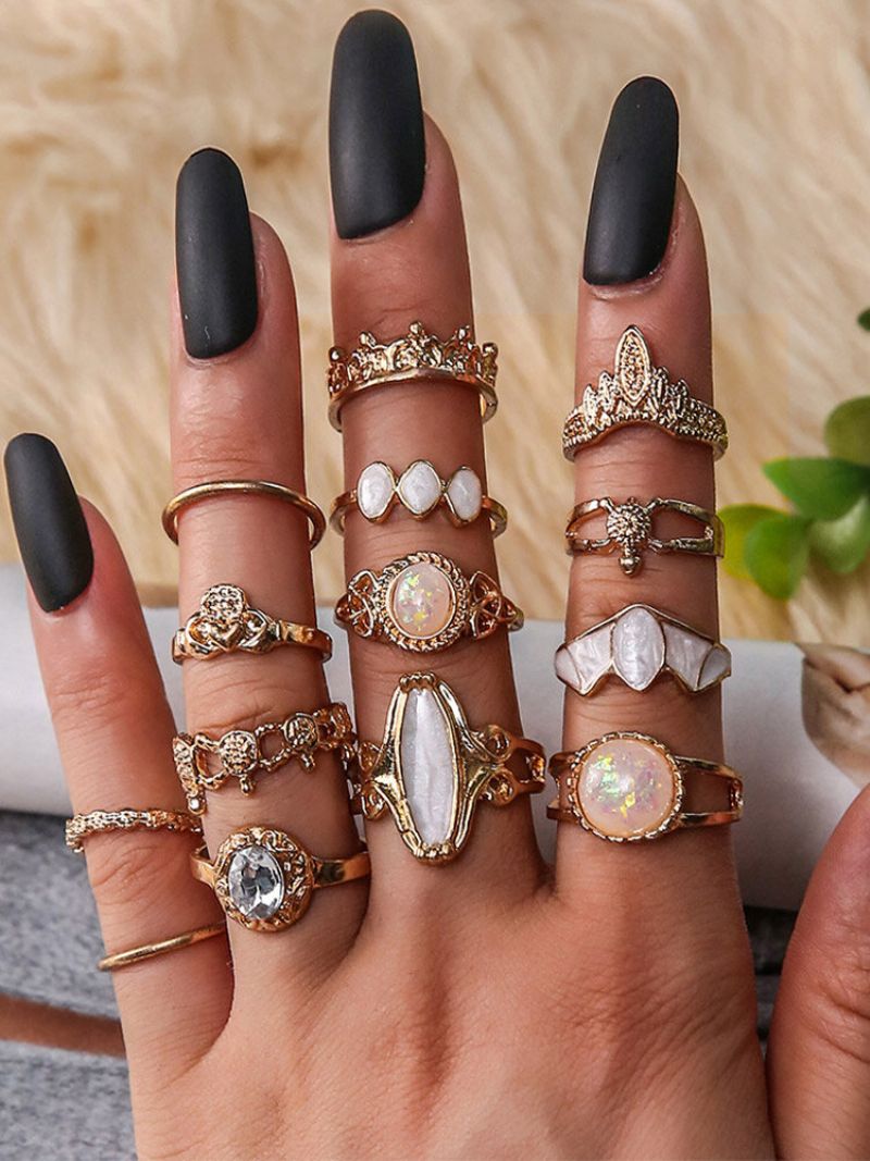 14 Stk Vintage Trendy Multi-shape Utskåret Starry Sky Gem Legering Ring Sett