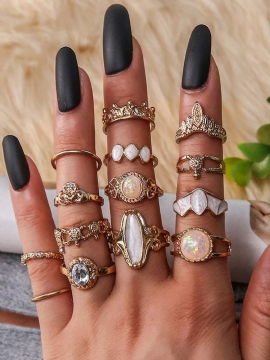 14 Stk Vintage Trendy Multi-shape Utskåret Starry Sky Gem Legering Ring Sett