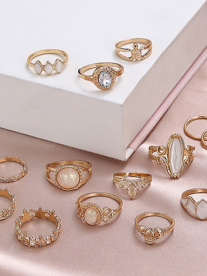 14 Stk Vintage Trendy Multi-shape Utskåret Starry Sky Gem Legering Ring Sett