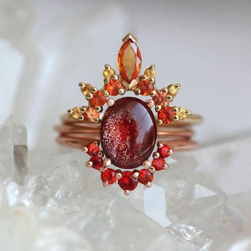 3 Stk/sett Stilige Kvinner Stablebare Ringer Ruby Krystall Blomstersmykke Bohemian Ringsett For