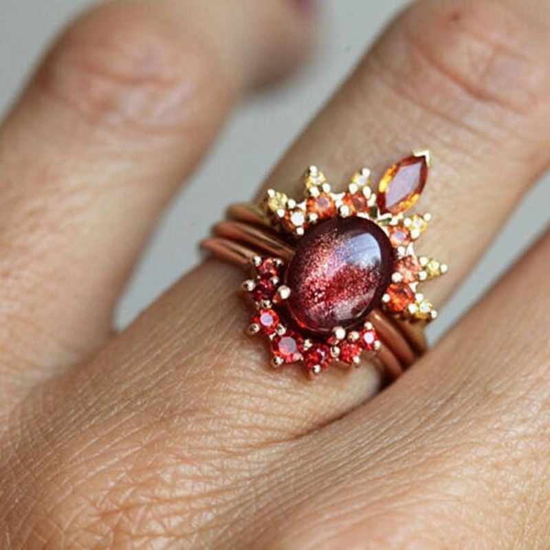 3 Stk/sett Stilige Kvinner Stablebare Ringer Ruby Krystall Blomstersmykke Bohemian Ringsett For