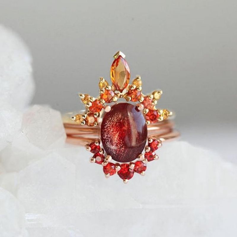 3 Stk/sett Stilige Kvinner Stablebare Ringer Ruby Krystall Blomstersmykke Bohemian Ringsett For