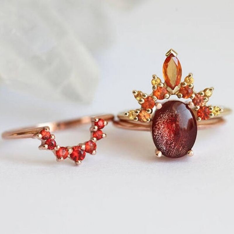 3 Stk/sett Stilige Kvinner Stablebare Ringer Ruby Krystall Blomstersmykke Bohemian Ringsett For