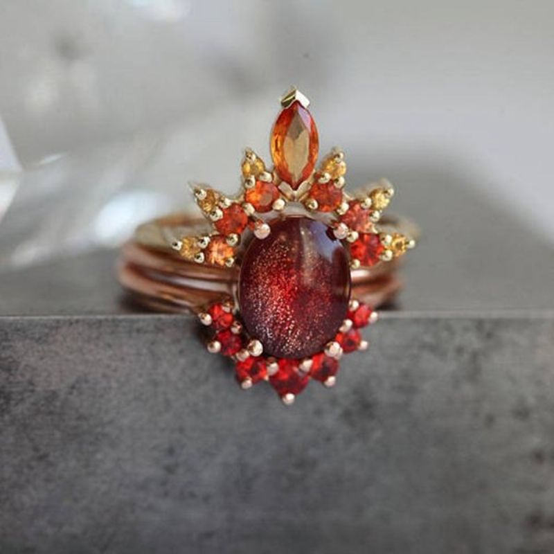 3 Stk/sett Stilige Kvinner Stablebare Ringer Ruby Krystall Blomstersmykke Bohemian Ringsett For