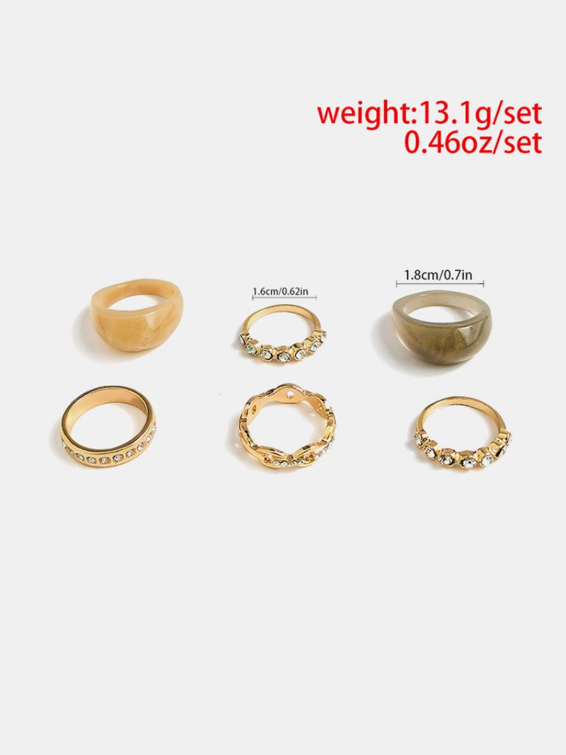 6 Stk/sett Trendy Personlighet Mikroinnlagte Rhinestones Hule Geometriske Form Legering Akryl Ringer