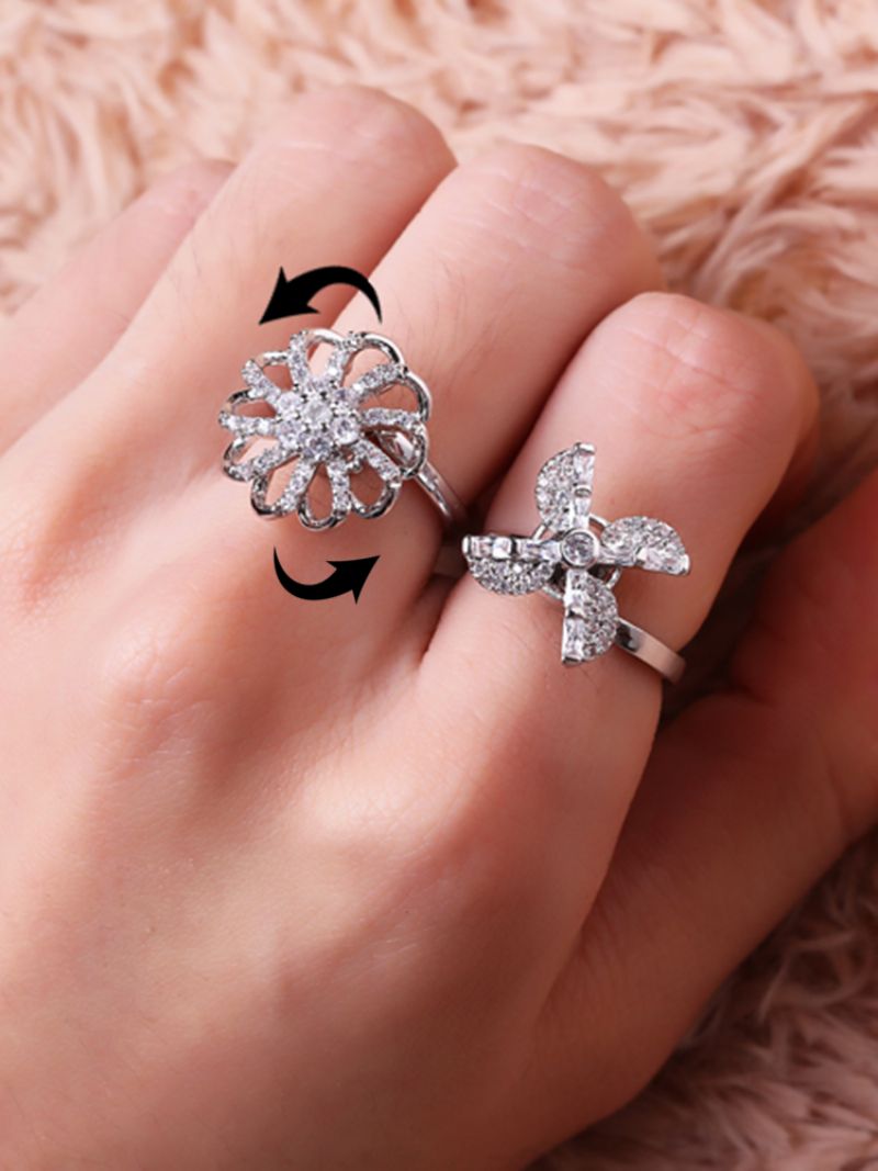 Blendende Zirconia Flower Windmill Snowflake Charm Roterbare Mote Sølvringer