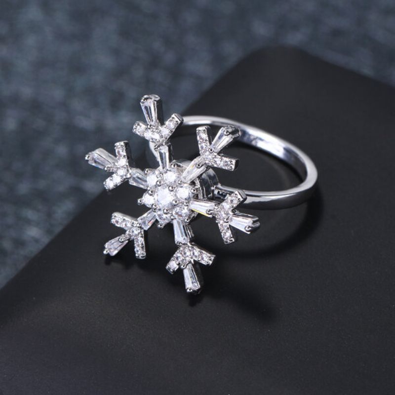 Blendende Zirconia Flower Windmill Snowflake Charm Roterbare Mote Sølvringer