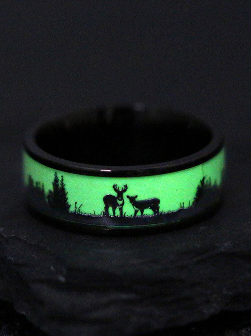 Christmas Trendy Elgskogsmønster Lysende Titanstål Unisex-ring