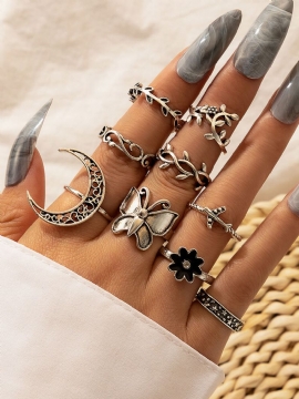 Legering Set Ring 9 Stk Vintage Vine Leaves Moon Butterfly Flower Set Ringer