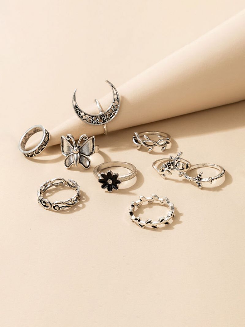 Legering Set Ring 9 Stk Vintage Vine Leaves Moon Butterfly Flower Set Ringer