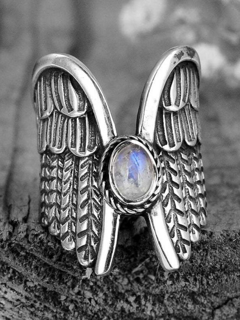 Legering Vintage Angel Wing Ring Moon Stone Dame Thai Sølv Fjær