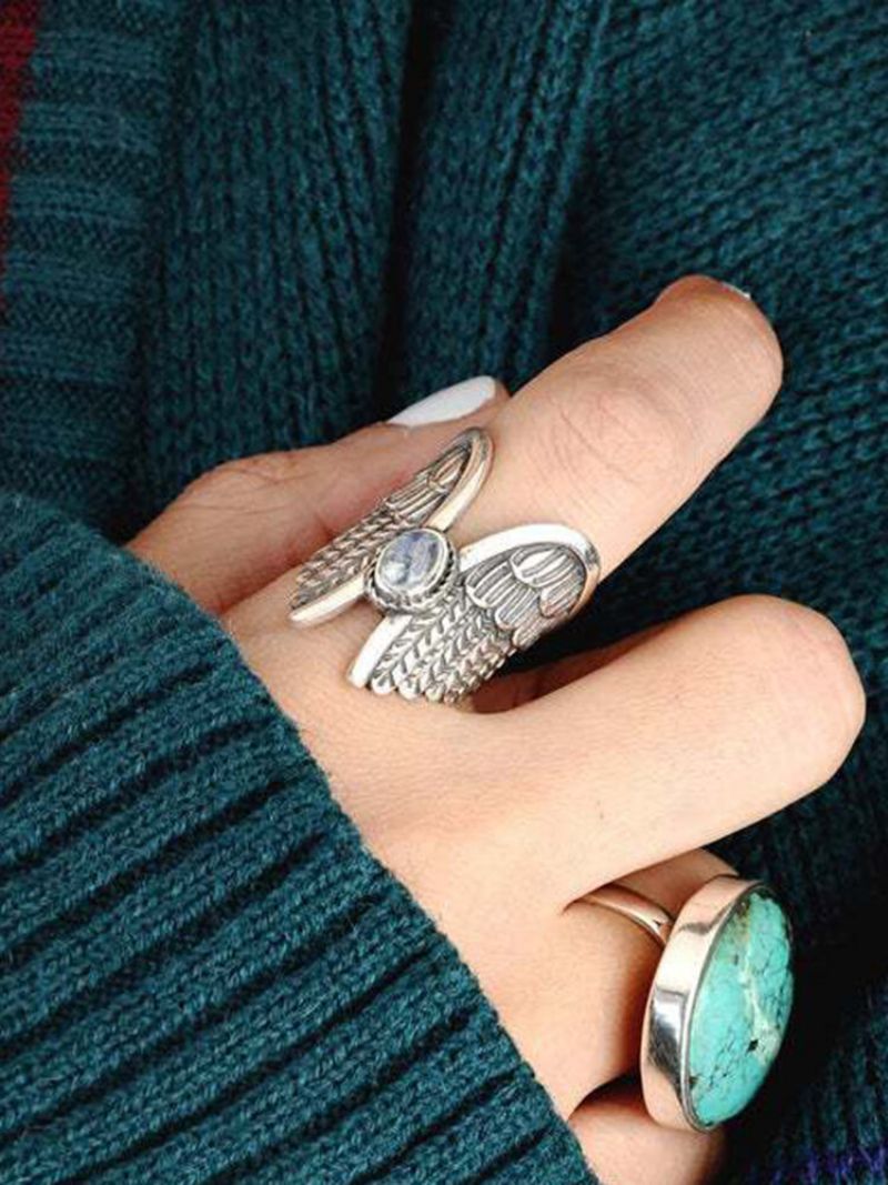 Legering Vintage Angel Wing Ring Moon Stone Dame Thai Sølv Fjær