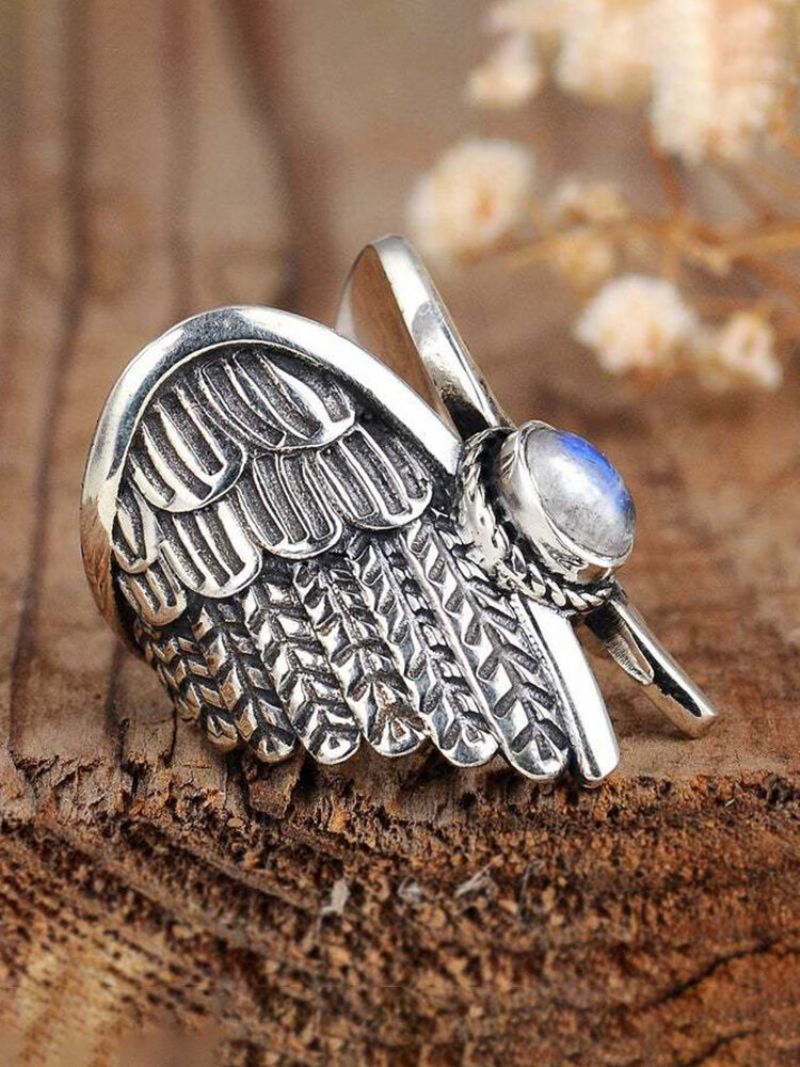 Legering Vintage Angel Wing Ring Moon Stone Dame Thai Sølv Fjær