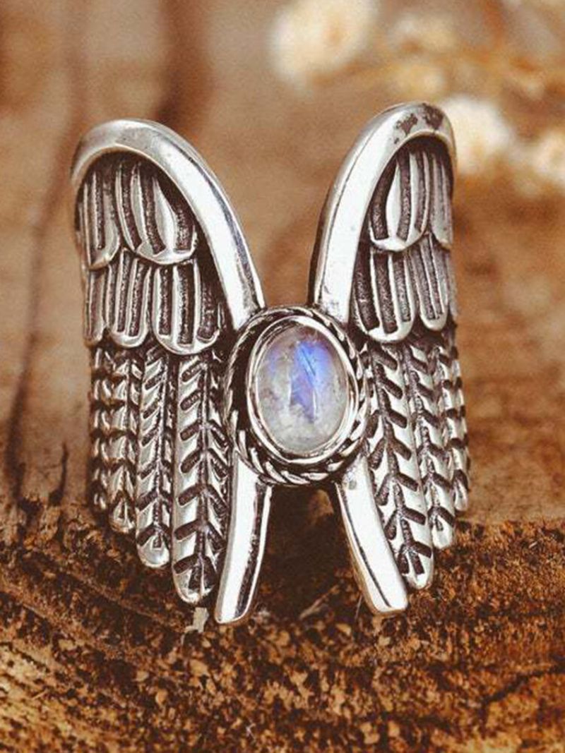 Legering Vintage Angel Wing Ring Moon Stone Dame Thai Sølv Fjær