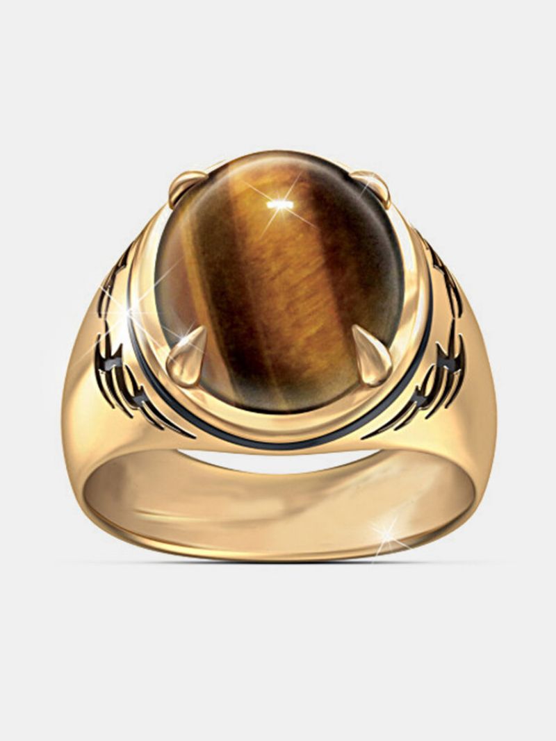 Naturlig Tiger Eye Stone 24 K Gullbelagt Menn Ring Smykker Gave