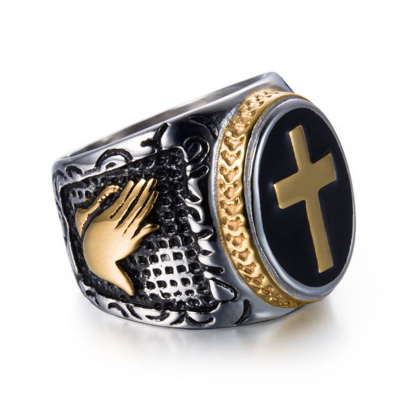 Punk Gold Ring Rustfritt Stål Cross The Hand Of God Shape Rock Biker Finger For Men Gift