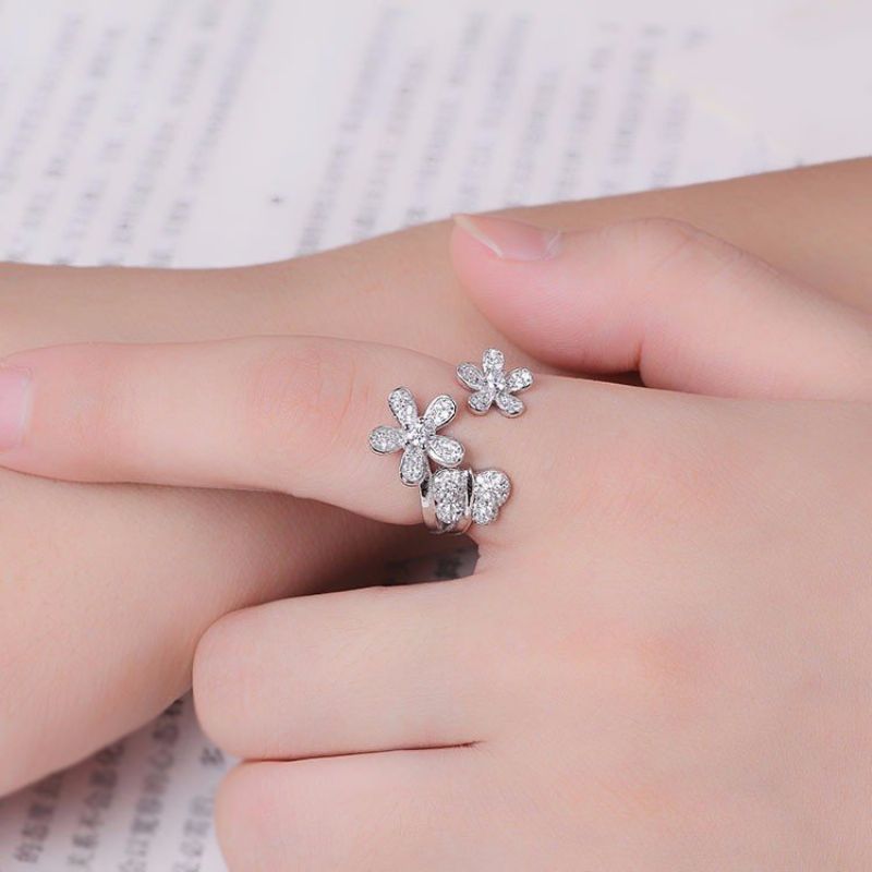 S925 Silver Flower Butterfly Crystal Ring