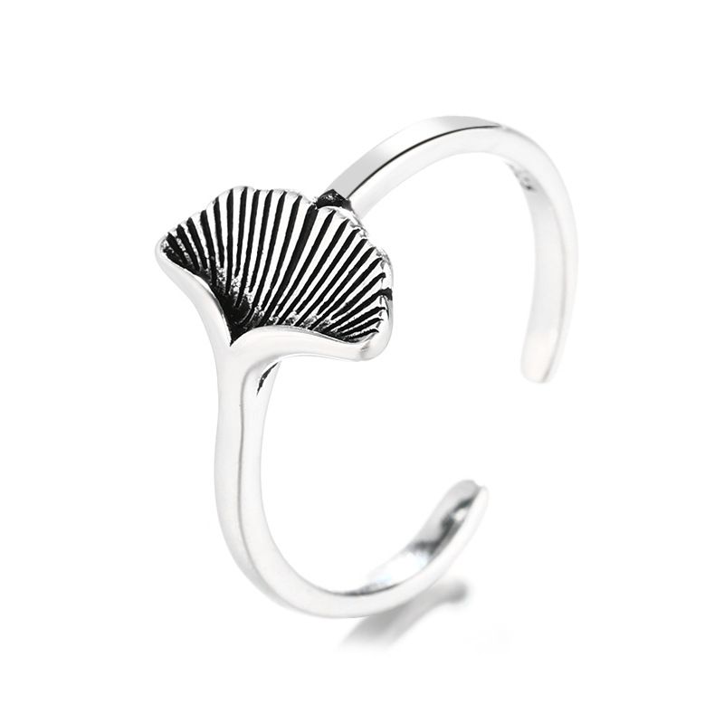 S925 Sterling Silver Distressed Ginkgo Leaf Thai Sølvring Retro Art Justerbar Ring