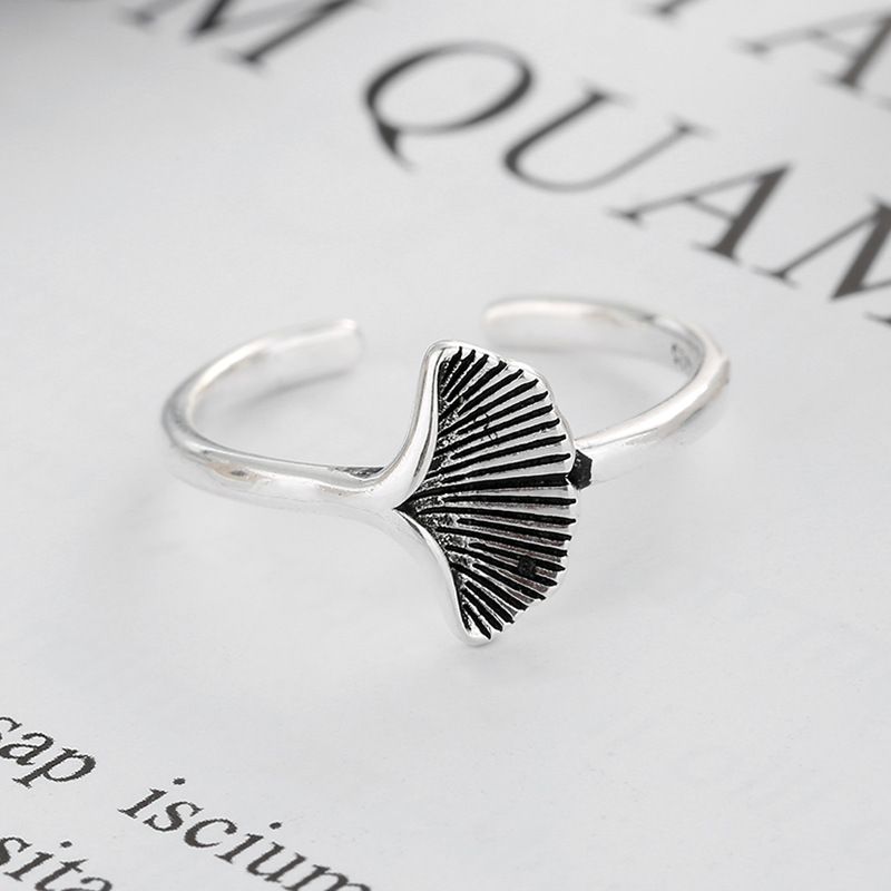 S925 Sterling Silver Distressed Ginkgo Leaf Thai Sølvring Retro Art Justerbar Ring