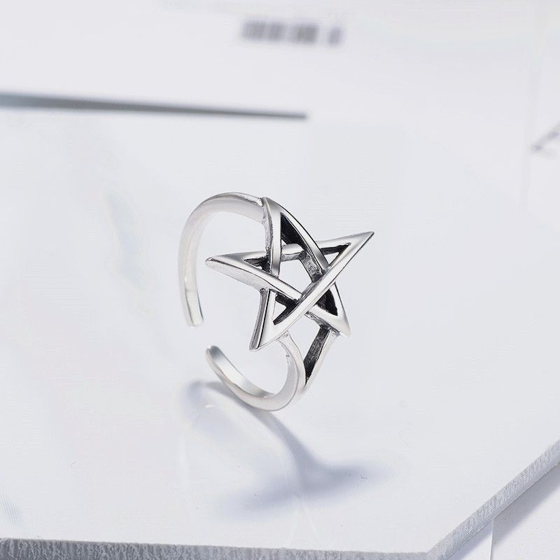 S925 Sterling Sølv Retro Hul Femspiss Star Thai Ring Enkel