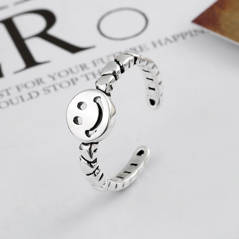 S925 Sterling Sølv Retro Smiley Ring Enkel Ins Love Chain Justerbar Størrelse