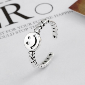 S925 Sterling Sølv Retro Smiley Ring Enkel Ins Love Chain Justerbar Størrelse