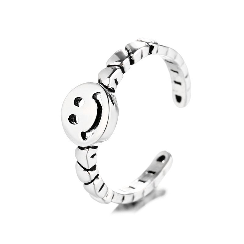 S925 Sterling Sølv Retro Smiley Ring Enkel Ins Love Chain Justerbar Størrelse