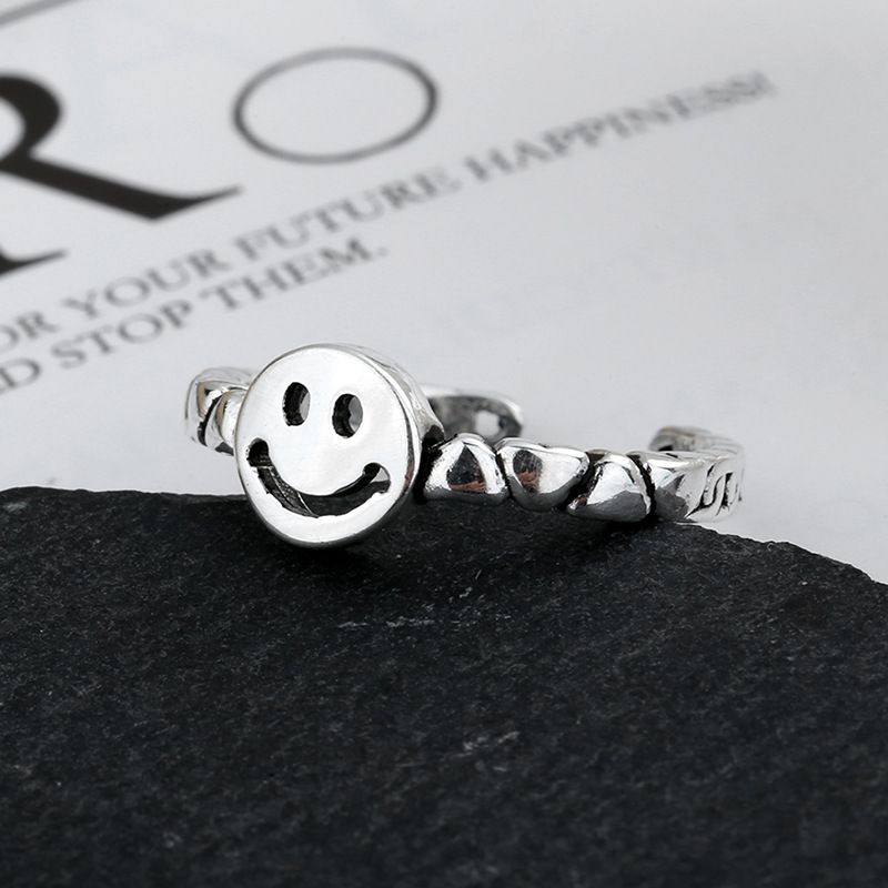 S925 Sterling Sølv Retro Smiley Ring Enkel Ins Love Chain Justerbar Størrelse