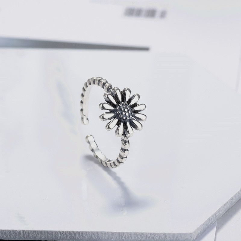 S925 Sterling Sølv Vintage Daisy Thai Ring Enkel Litterær Stil Solblomst Justerbar