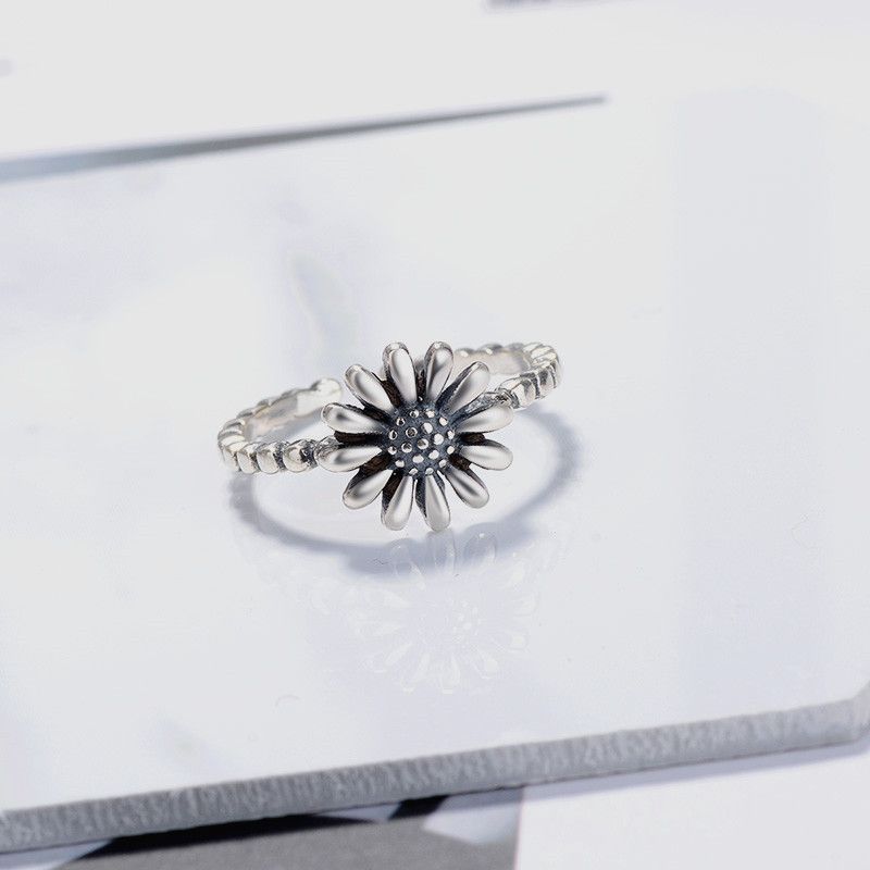 S925 Sterling Sølv Vintage Daisy Thai Ring Enkel Litterær Stil Solblomst Justerbar