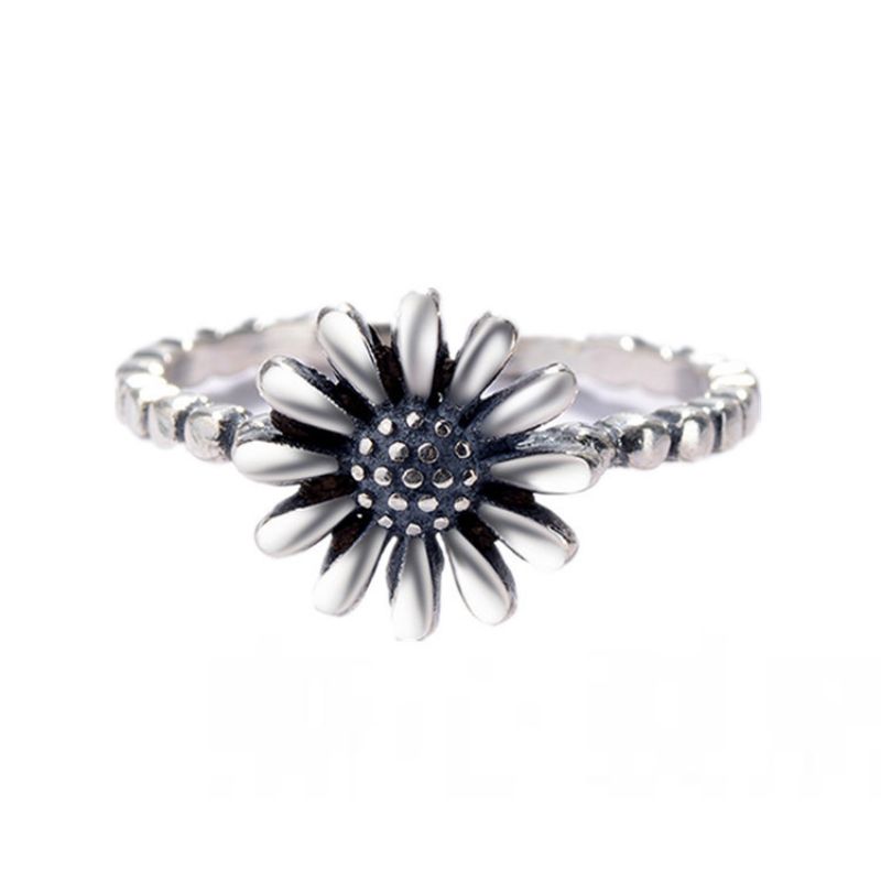 S925 Sterling Sølv Vintage Daisy Thai Ring Enkel Litterær Stil Solblomst Justerbar