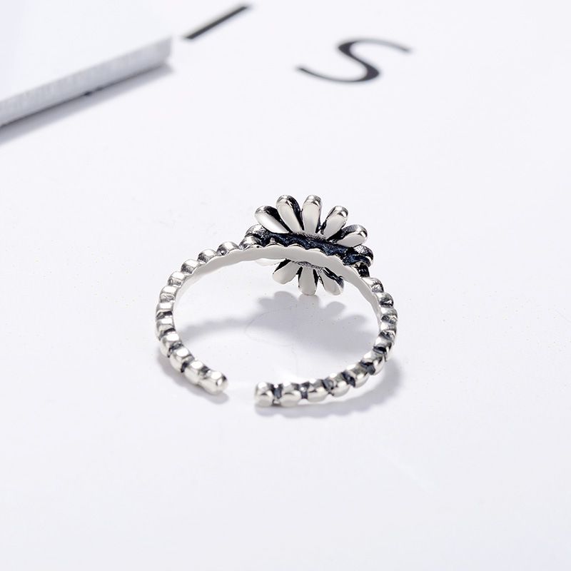 S925 Sterling Sølv Vintage Daisy Thai Ring Enkel Litterær Stil Solblomst Justerbar