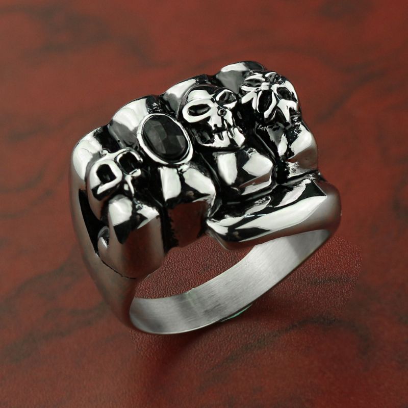 Skull Fist Black Diamond Titan Stål Ring Rustfritt Smykker For Menn