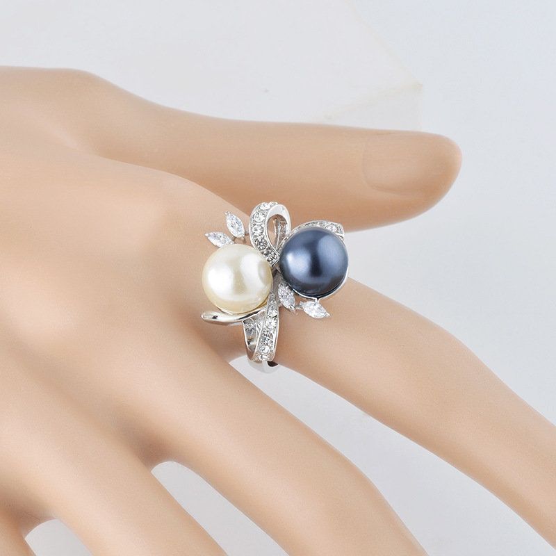 Trendy Geometrisk Stereoskopisk Sløyfe Rhinestone Fingerringer Tofarget Perle Innlagte Ringer Elegante Smykker