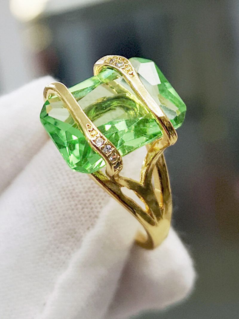 Vintage 18k Gullbelagt Geometrisk Firkantet Sirkonring Metall Rhinestone Transparent Emerald Finger Rings