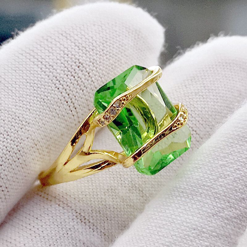 Vintage 18k Gullbelagt Geometrisk Firkantet Sirkonring Metall Rhinestone Transparent Emerald Finger Rings