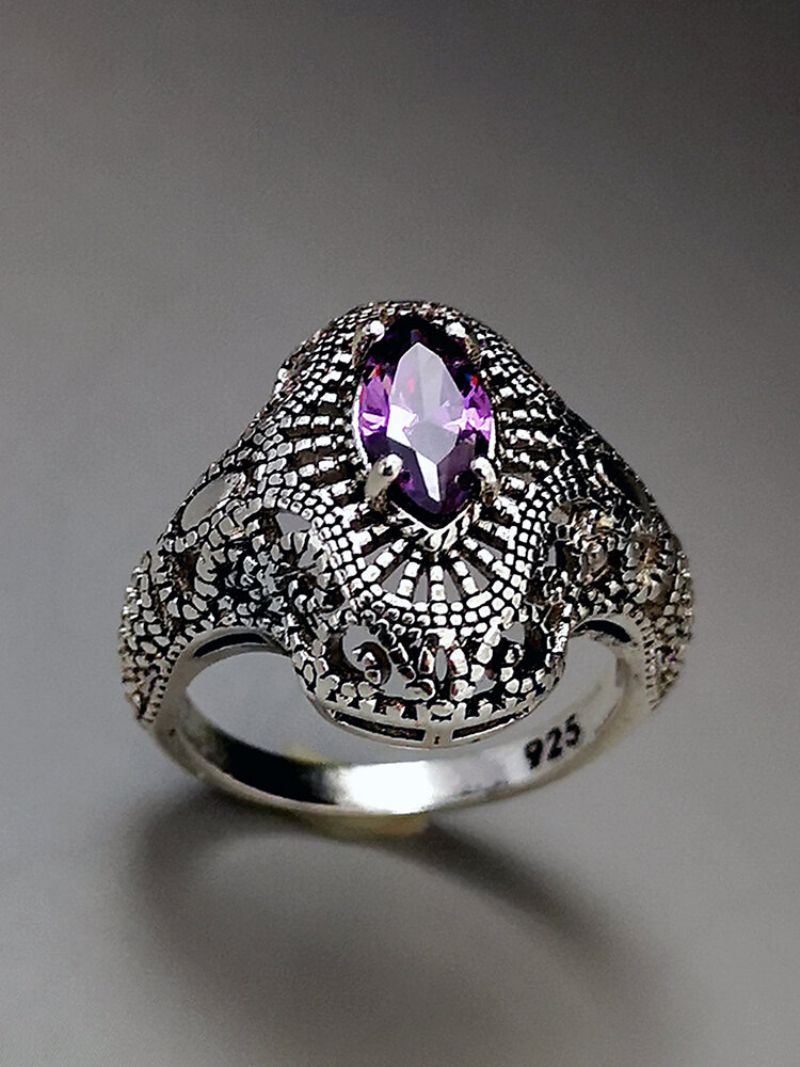 Vintage 925 Thai Sølv Ametyst Ring Hul Innlagt Diamant Kvinner