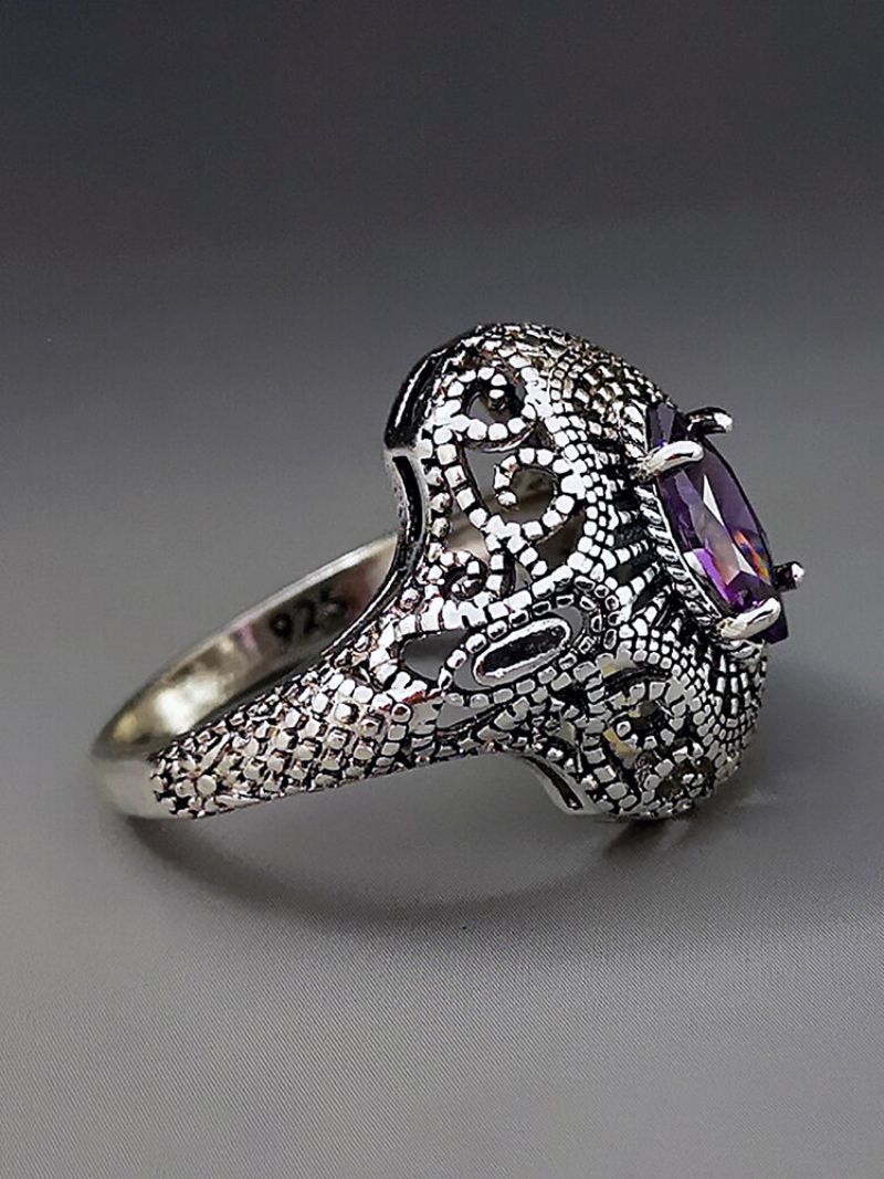 Vintage 925 Thai Sølv Ametyst Ring Hul Innlagt Diamant Kvinner