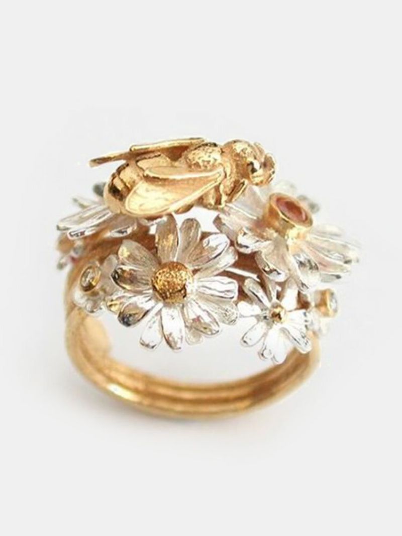 Vintage Alloy Bee Honning Flower Golden Leaf Ring