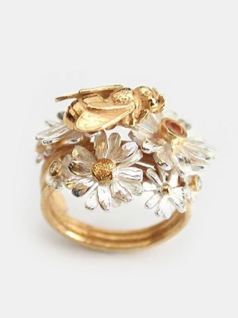 Vintage Alloy Bee Honning Flower Golden Leaf Ring