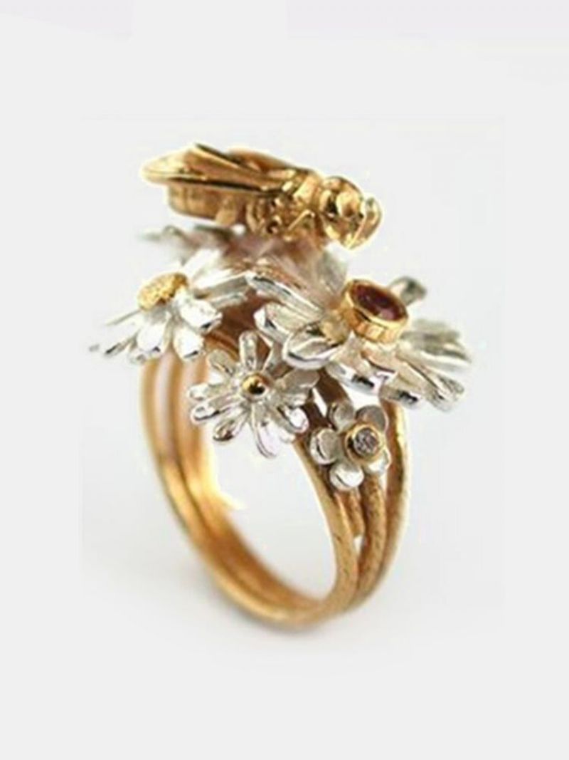 Vintage Alloy Bee Honning Flower Golden Leaf Ring