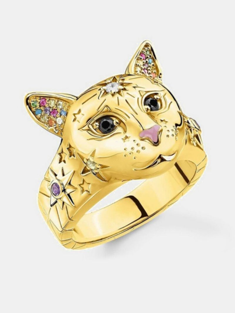 Vintage Animal Kvinner Ring Cat Head Farget Star Smykker Gave