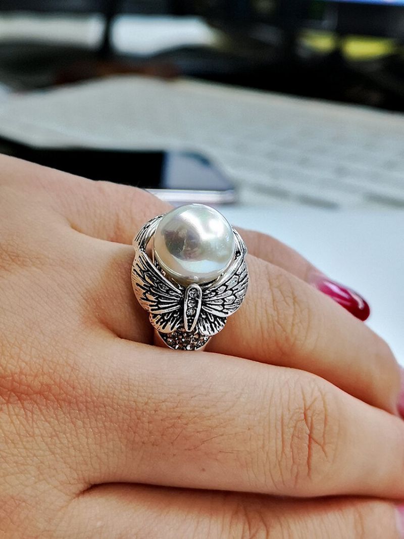 Vintage Butterfly Ring Pearl Diamonds Innlagt Kvinner Jewlery Gift