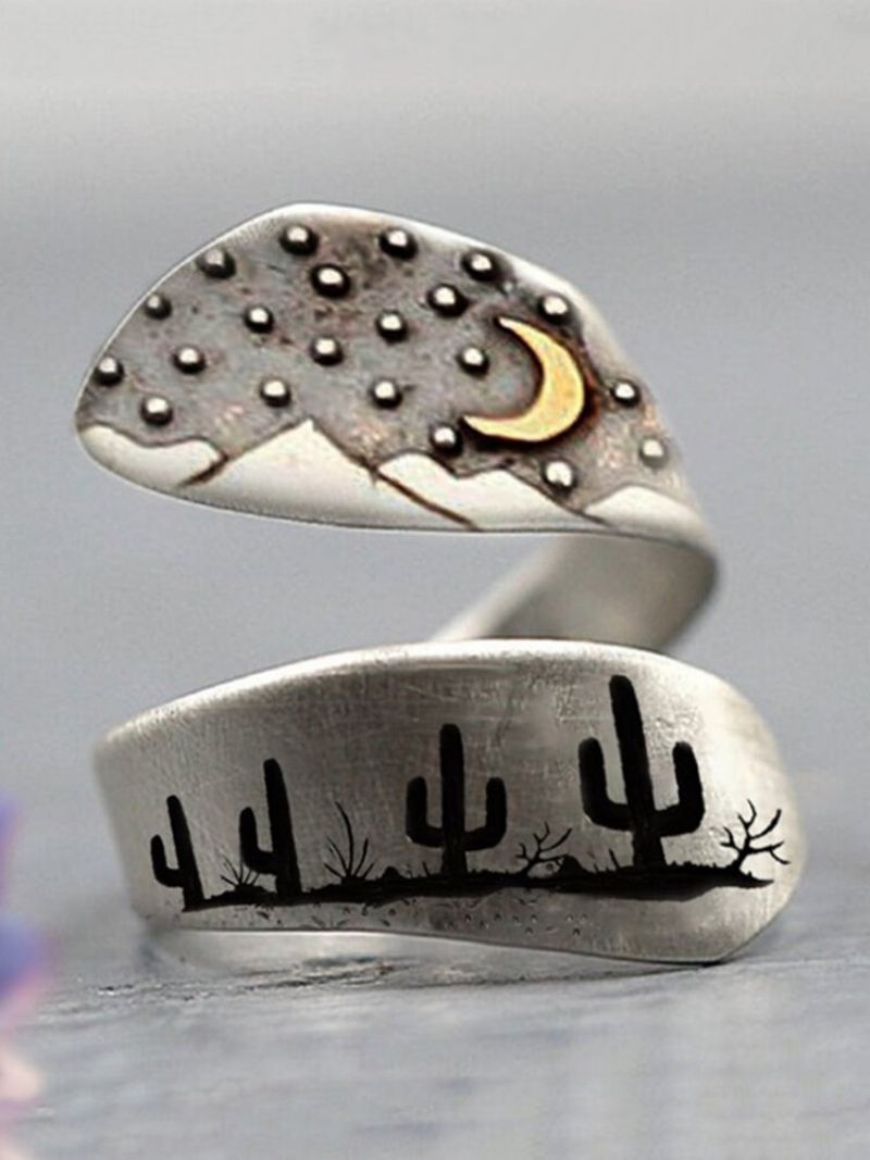 Vintage Desert Night Women Ring Justerbar Åpen Cactus Moon Sunrise Smykkegave